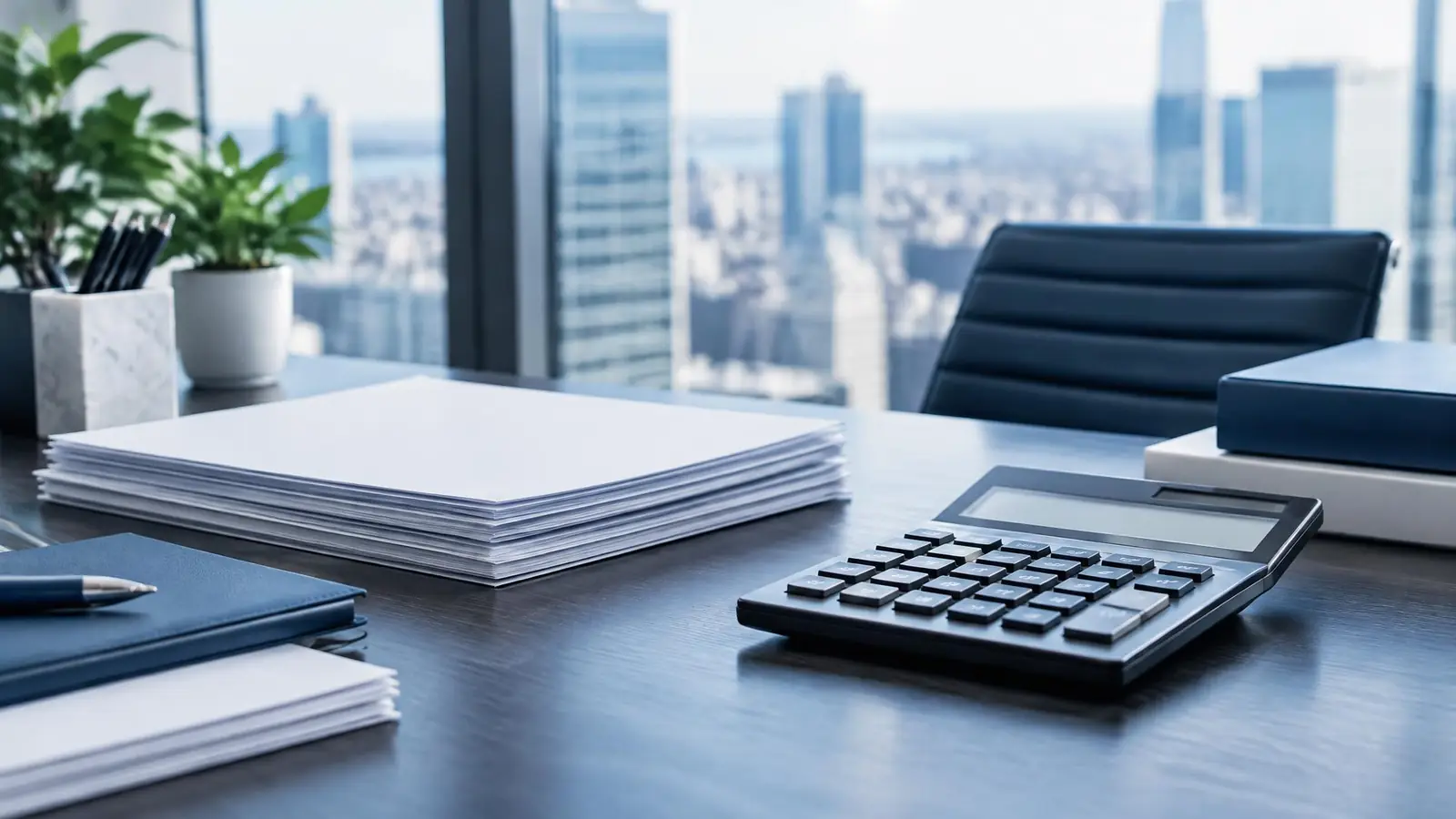 Tidy executive desk with organized documents and a calculator
