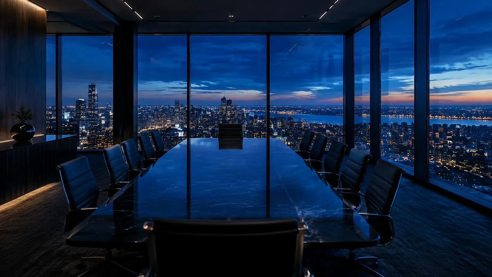 Empty glass-walled boardroom overlooking city lights at dusk