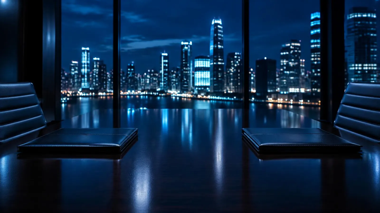 Conference table with two leather portfolios and city lights
