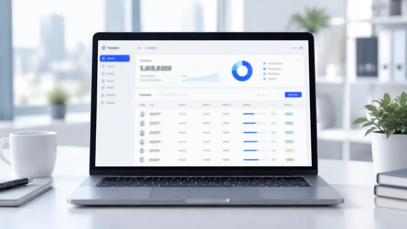 Laptop showing a modern digital payroll dashboard on a bright desk