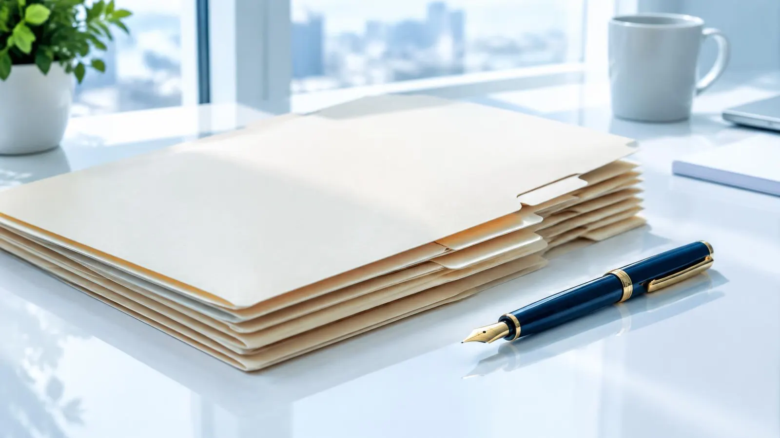 Stacked file folders with a fountain pen on a bright desk
